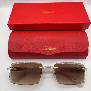 Cartier Buffs Sunglasses Diamond Cut Lens Green Tint White Horn Lacquered Pearl